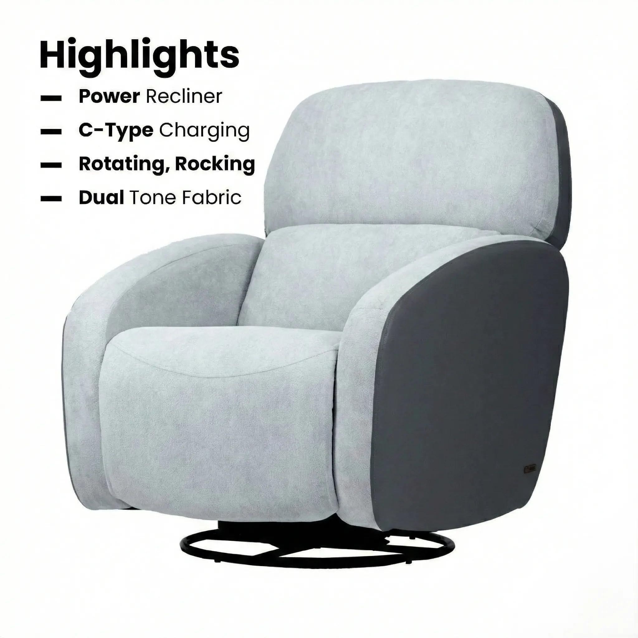 Hush Hiven Pebble motorized recliner chair grey dual tone boucle and leatherette with rotating rocking and C type charging