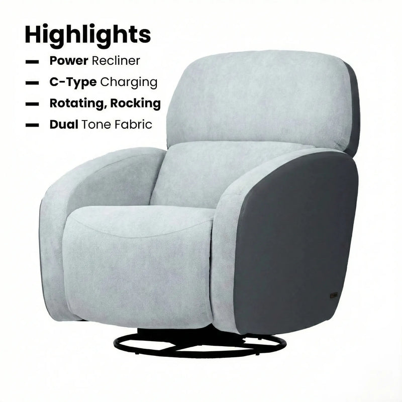Hush Hiven Pebble motorized recliner chair grey dual tone boucle and leatherette with rotating rocking and C type charging