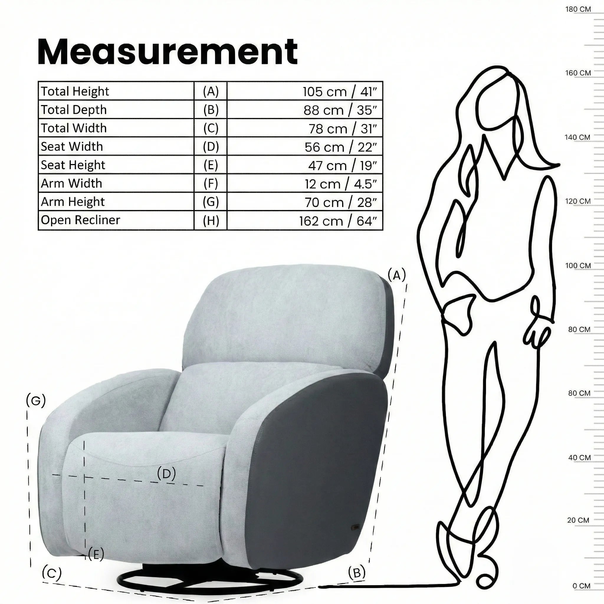 Hush Hiven Pebble motorized recliner chair grey dual tone measurement showing height width depth and open recliner size