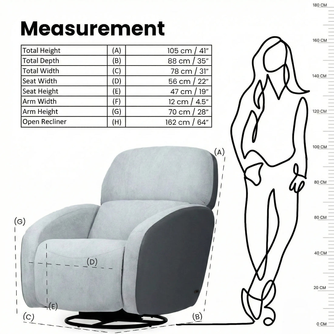 Hush Hiven Pebble motorized recliner chair grey dual tone measurement showing height width depth and open recliner size