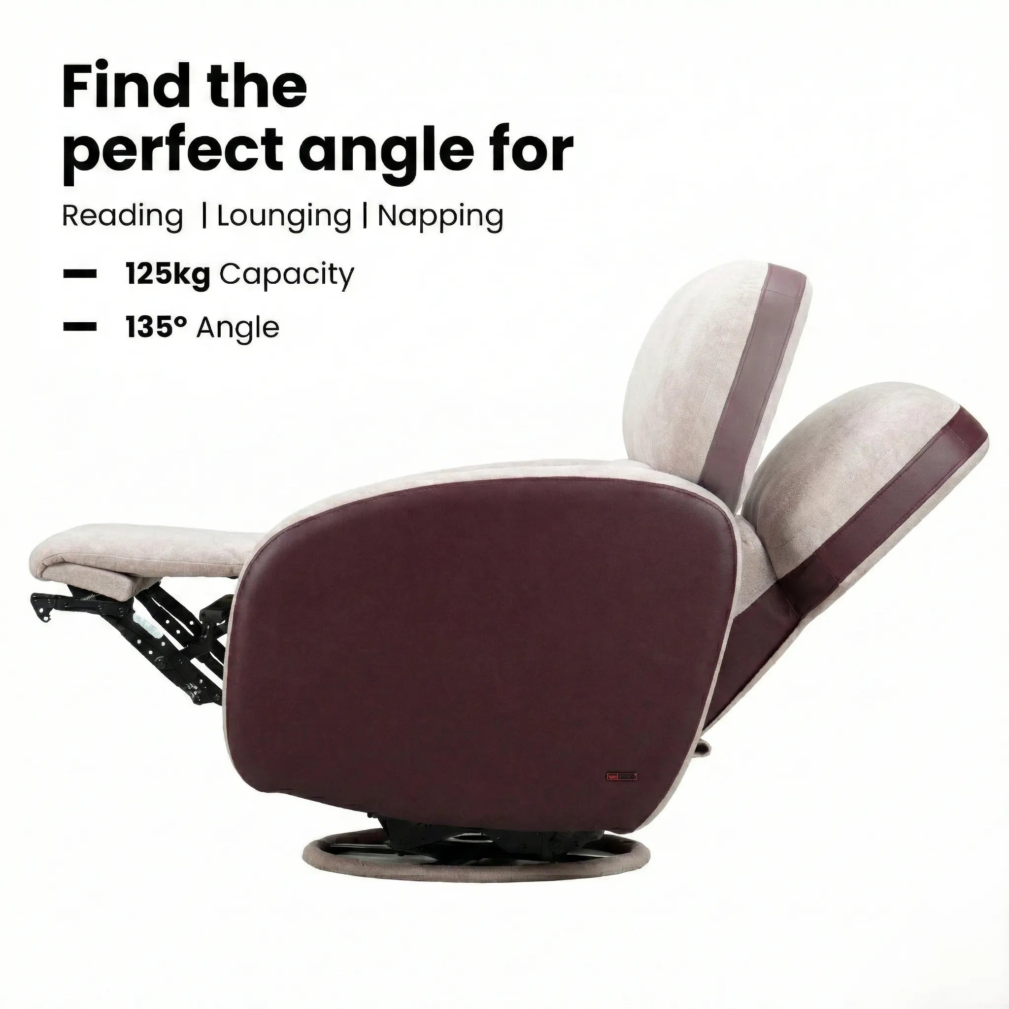 Hush Hiven Pebble motorized recliner chair maroon dual tone showing 135 degree reclining angle with footrest support
