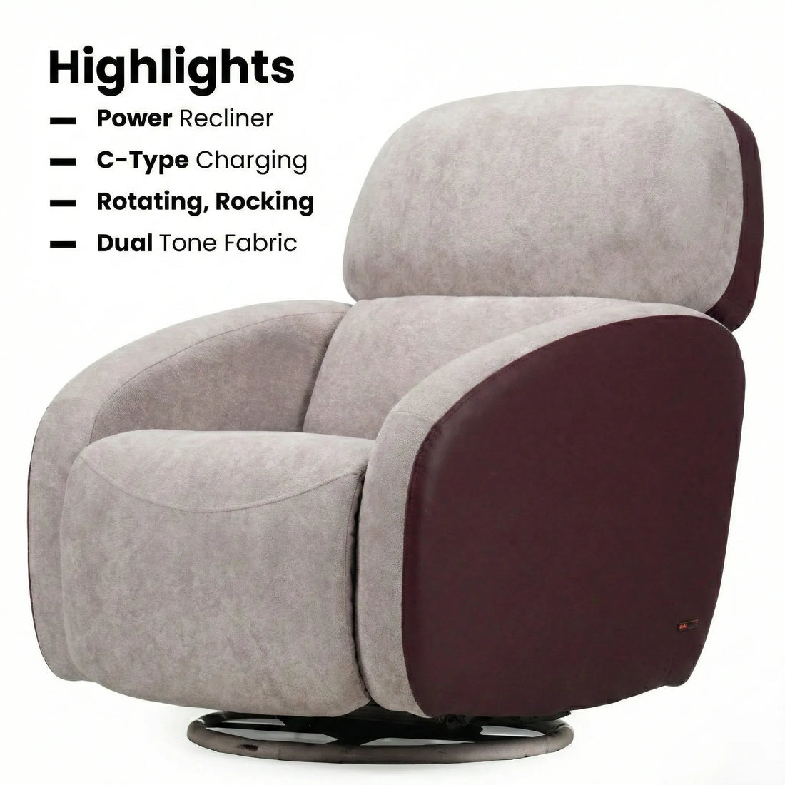Hush Hiven Pebble motorized recliner chair maroon dual tone boucle and leatherette with rotating rocking and C type charging