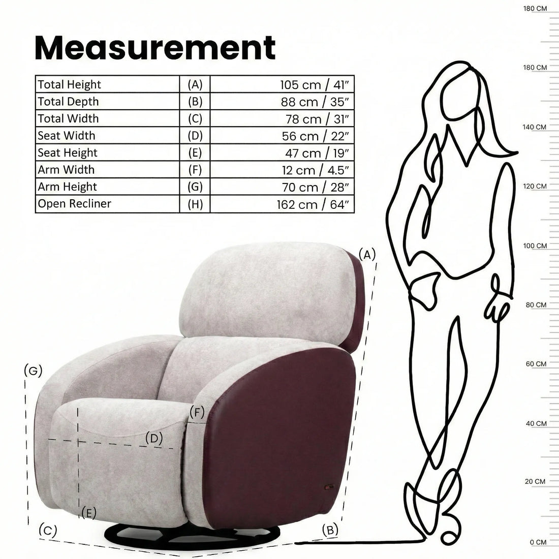 Hush Hiven Pebble motorized recliner chair maroon dual tone measurement showing height width depth and open recliner size