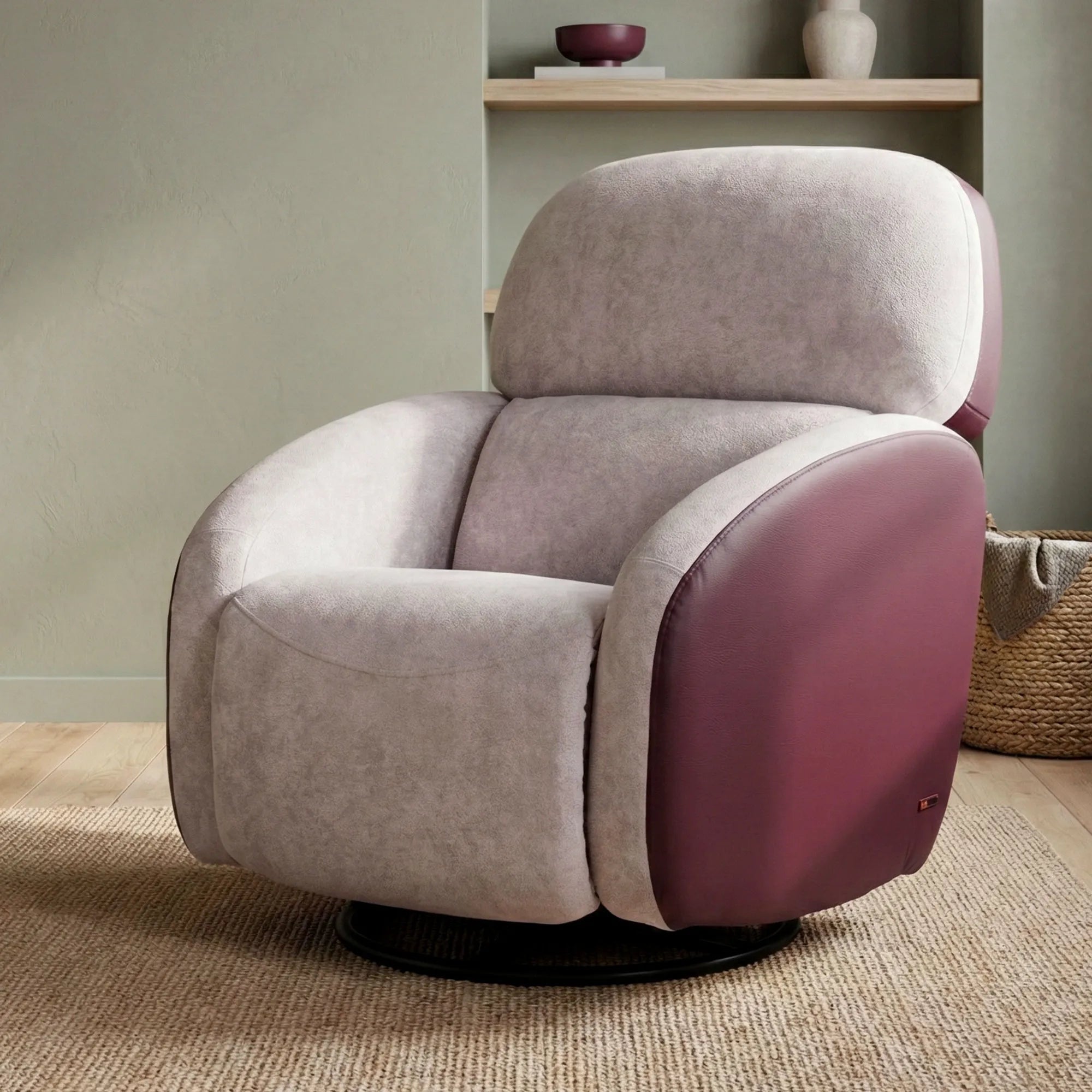 Hush Hiven Pebble motorized recliner chair maroon dual tone boucle and leatherette single seater swivel recliner