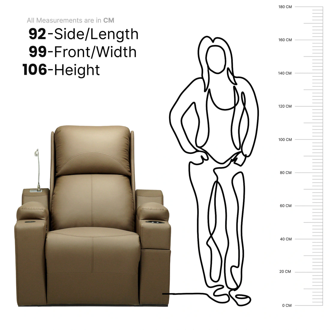 Hush Hiven Rockefeller Dual Motor Home Theatre Recliner Chair with armrest , lamp and cup holder size chart