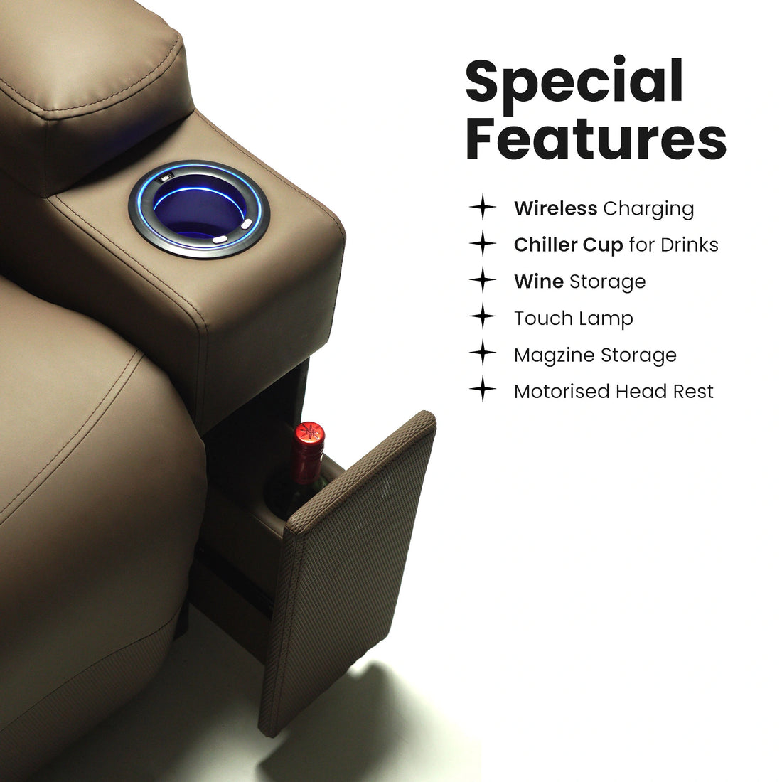 Hush Hiven Rockefeller Dual Motor Home Theatre Recliner Chair with armrest , lamp and cup holder special features