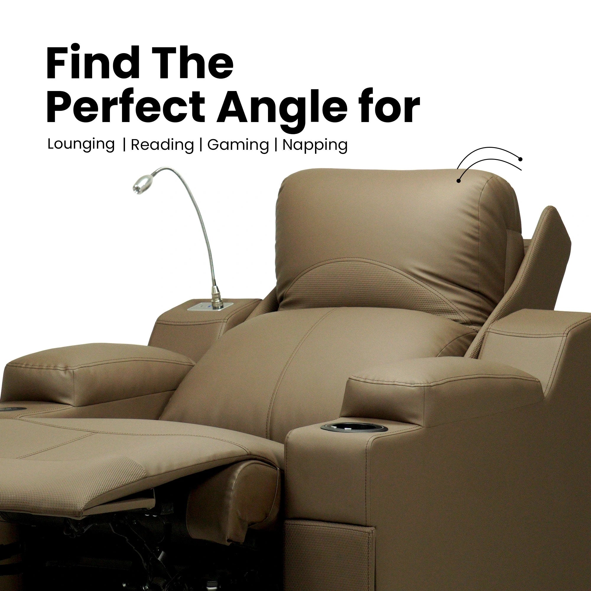 Hush Hiven Rockefeller Dual Motor Home Theatre Recliner Chair with armrest , lamp and cup holder reclining angle