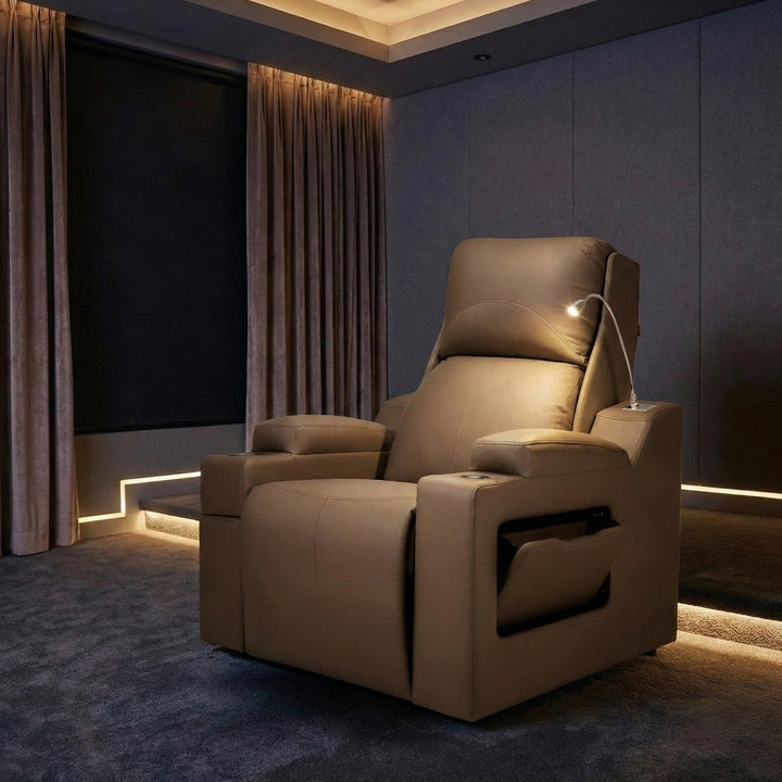 Hush Hiven Chocolate Rockefeller Home Theatre Recliner Chair with armrest , lamp and cup holder in curtains and spotlighting.