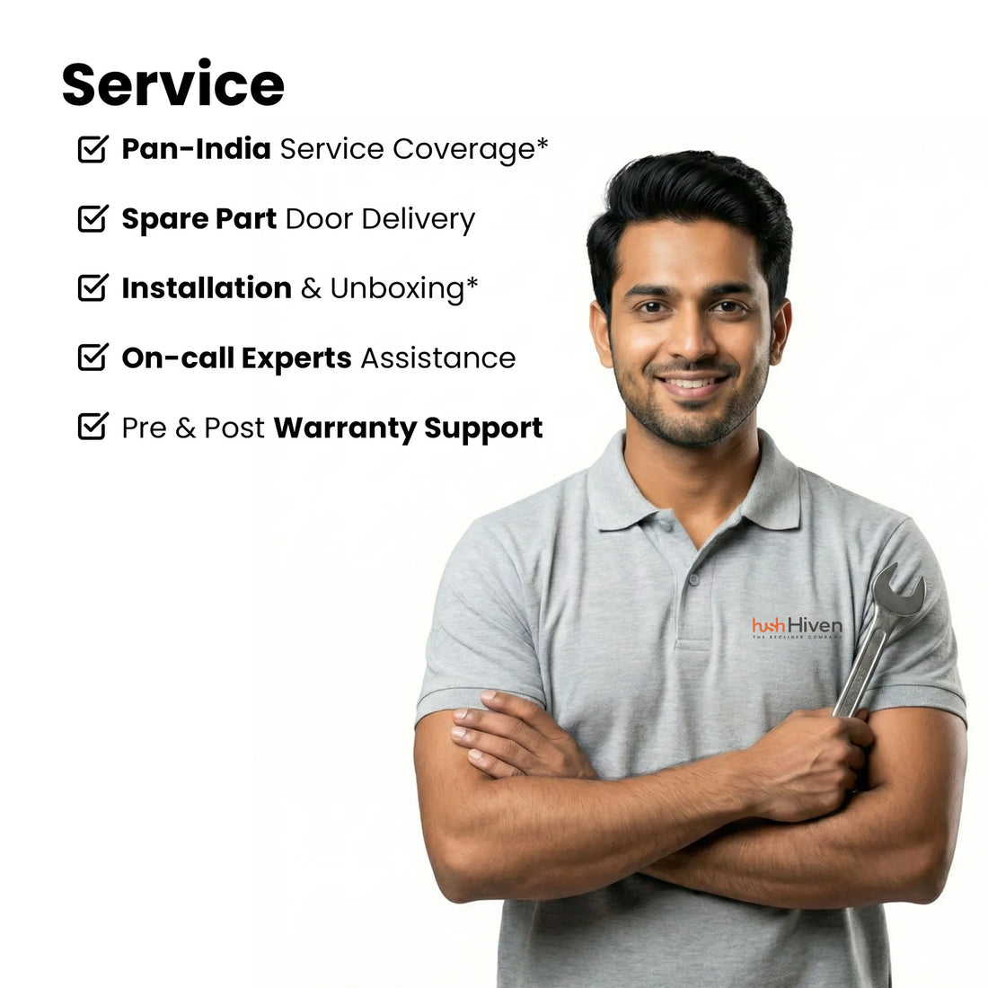 Hush Hiven recliner service support with pan-India coverage, spare parts delivery, installation assistance and warranty help