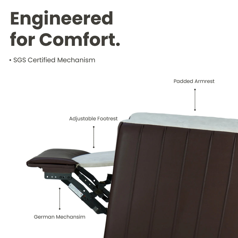 Motorised recliner chair mechanism with adjustable footrest and padded armrests