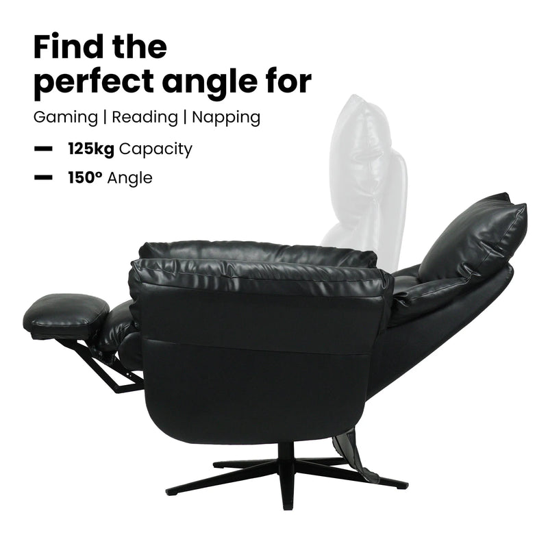 Hush Hiven Shadow black motorized recliner chair showing reclining position with extended footrest and 150-degree angle