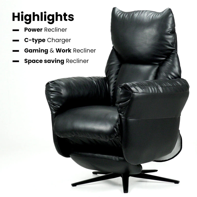 Woman relaxing on Hush Hiven Shadow black gaming recliner chair with padded armrests and extended footrest