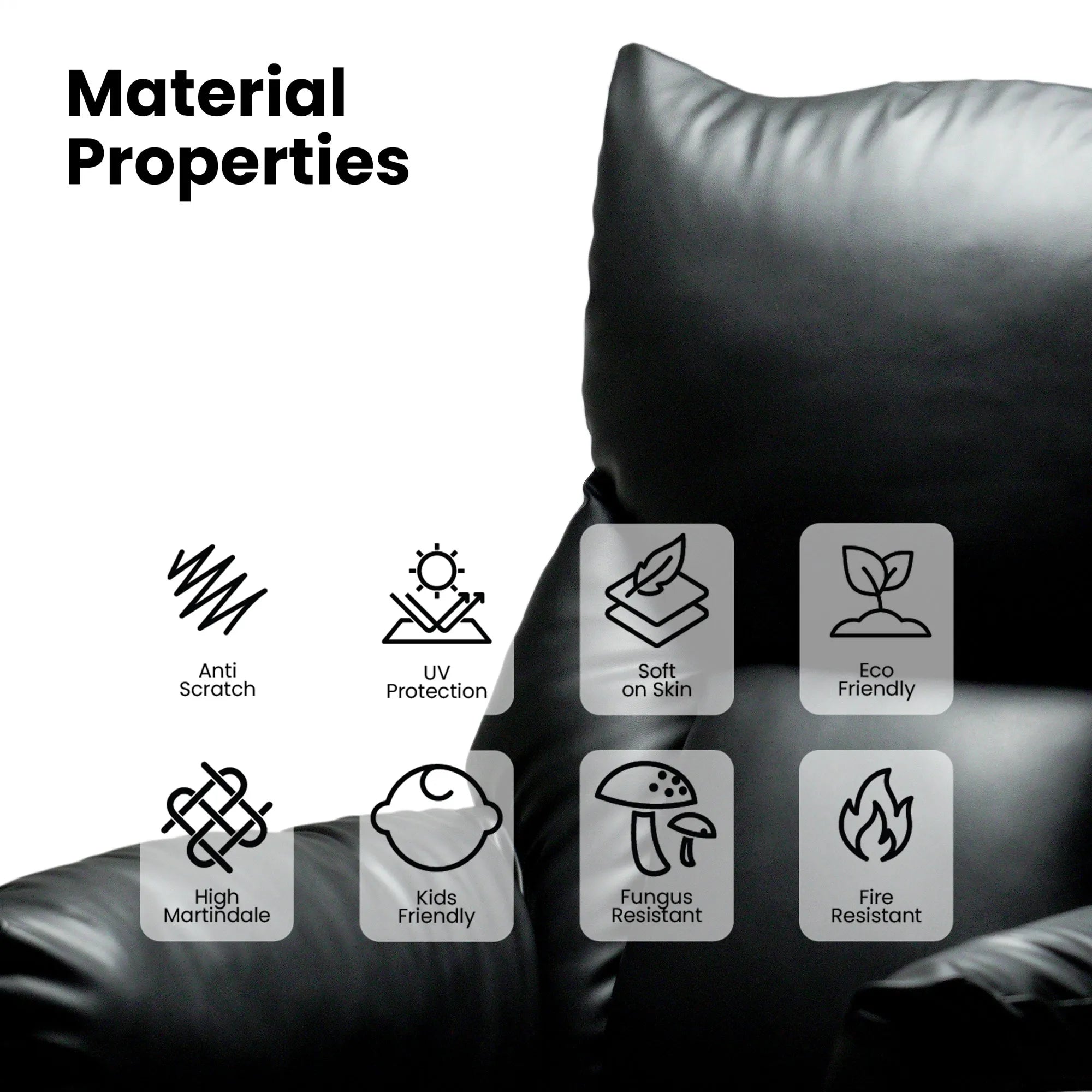 Leatherette material properties of Hush Hiven Shadow black recliner showing anti-scratch, UV protection and fire resistance