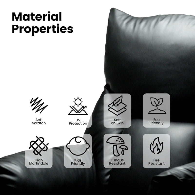 Leatherette material properties of Hush Hiven Shadow black recliner showing anti-scratch, UV protection and fire resistance