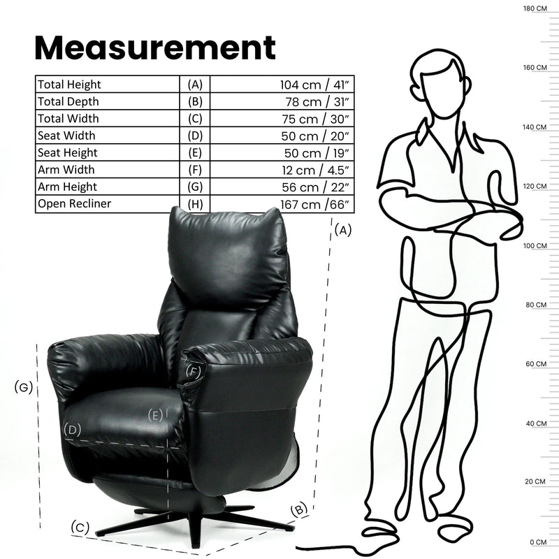 Hush Hiven Shadow motorized recliner chair black with detailed product dimensions and seating measurements infographic