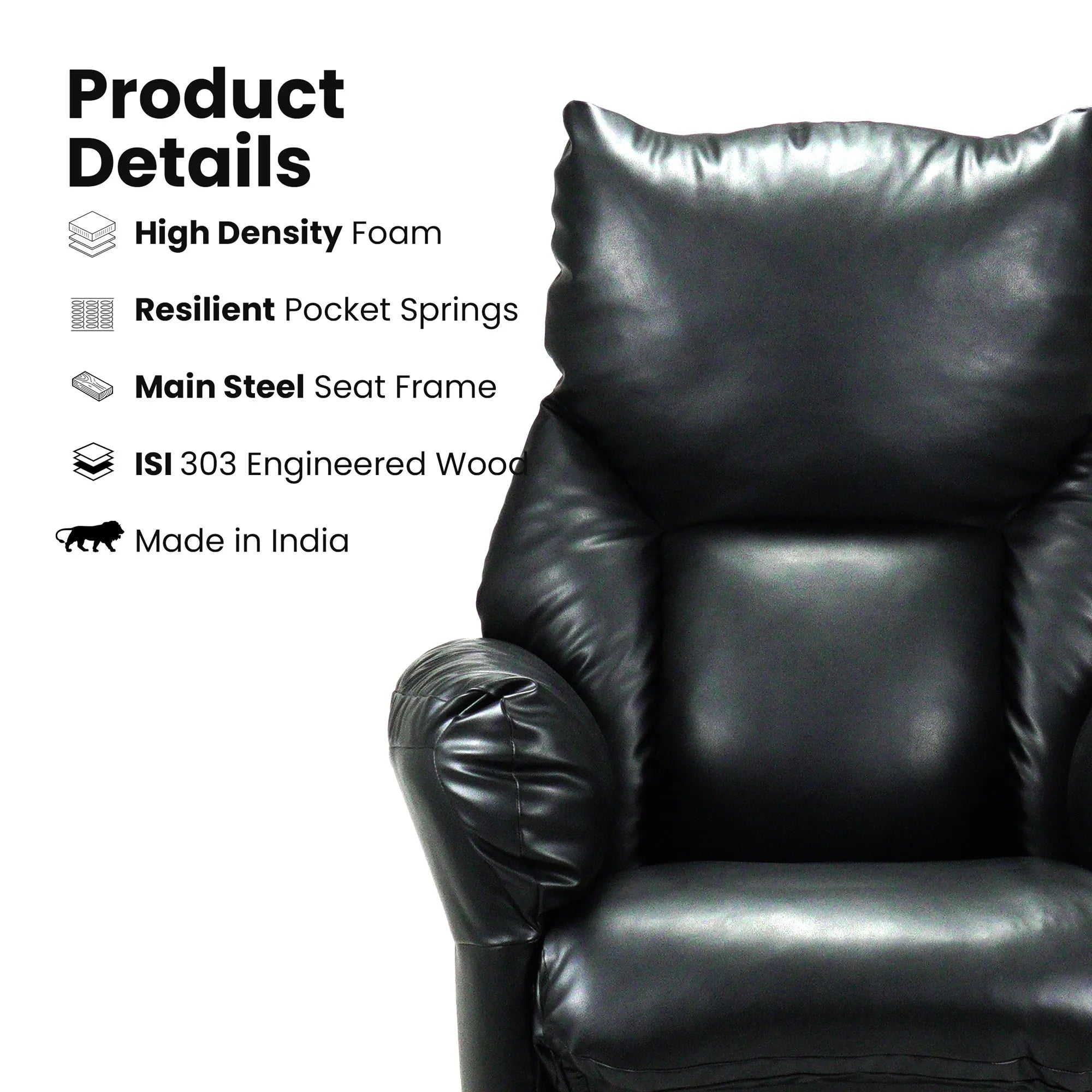 Hush Hiven Shadow black motorized recliner construction with high-density foam, pocket springs and steel seat frame