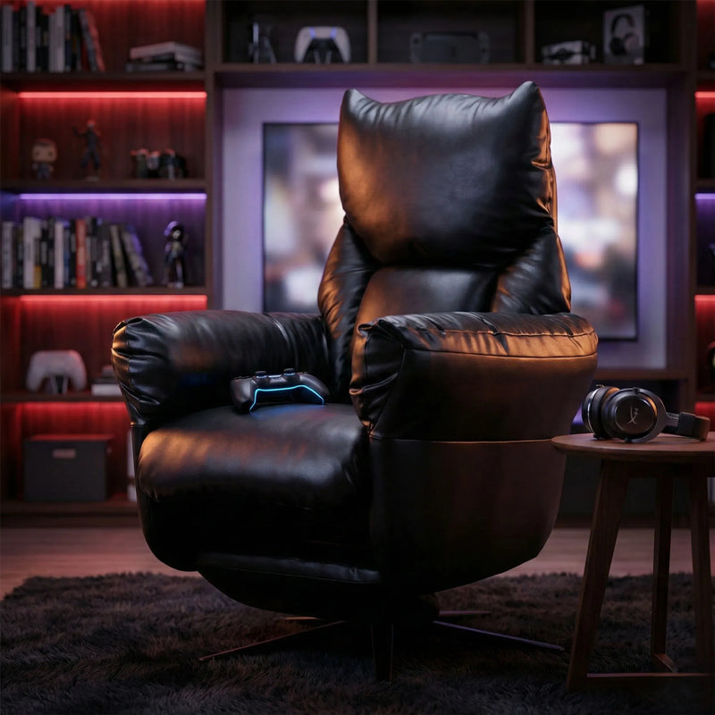 Hush Hiven Shadow black motorized recliner chair in gaming room setup with leatherette upholstery