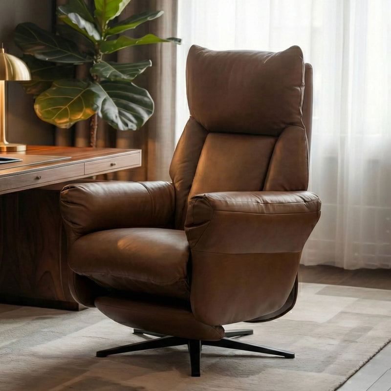 Hush Hiven Shadow brown motorized recliner chair in office setup with leatherette upholstery