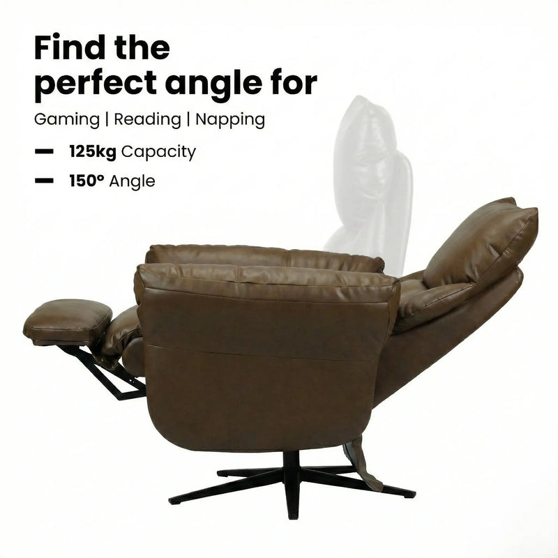 Hush Hiven Shadow brown motorized recliner chair showing reclining position with extended footrest and 150-degree angle