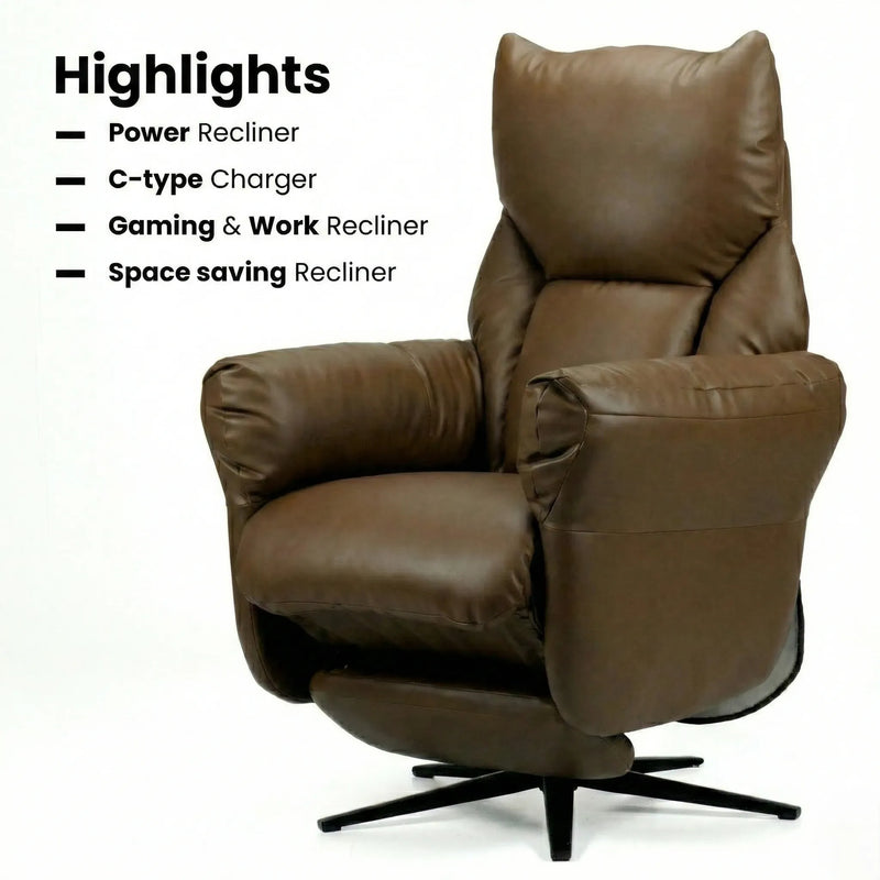 Woman relaxing on Hush Hiven Shadow brown recliner chair with padded armrests and extended footrest