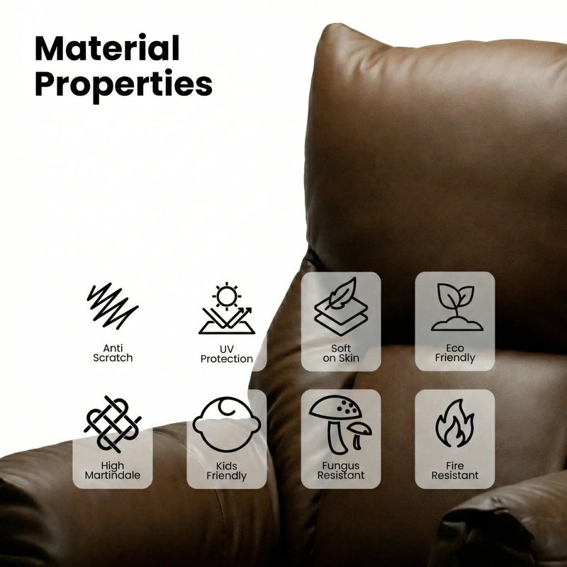 Leatherette material properties of Hush Hiven Shadow brown recliner show anti-scratch, UV protection and fire resistance