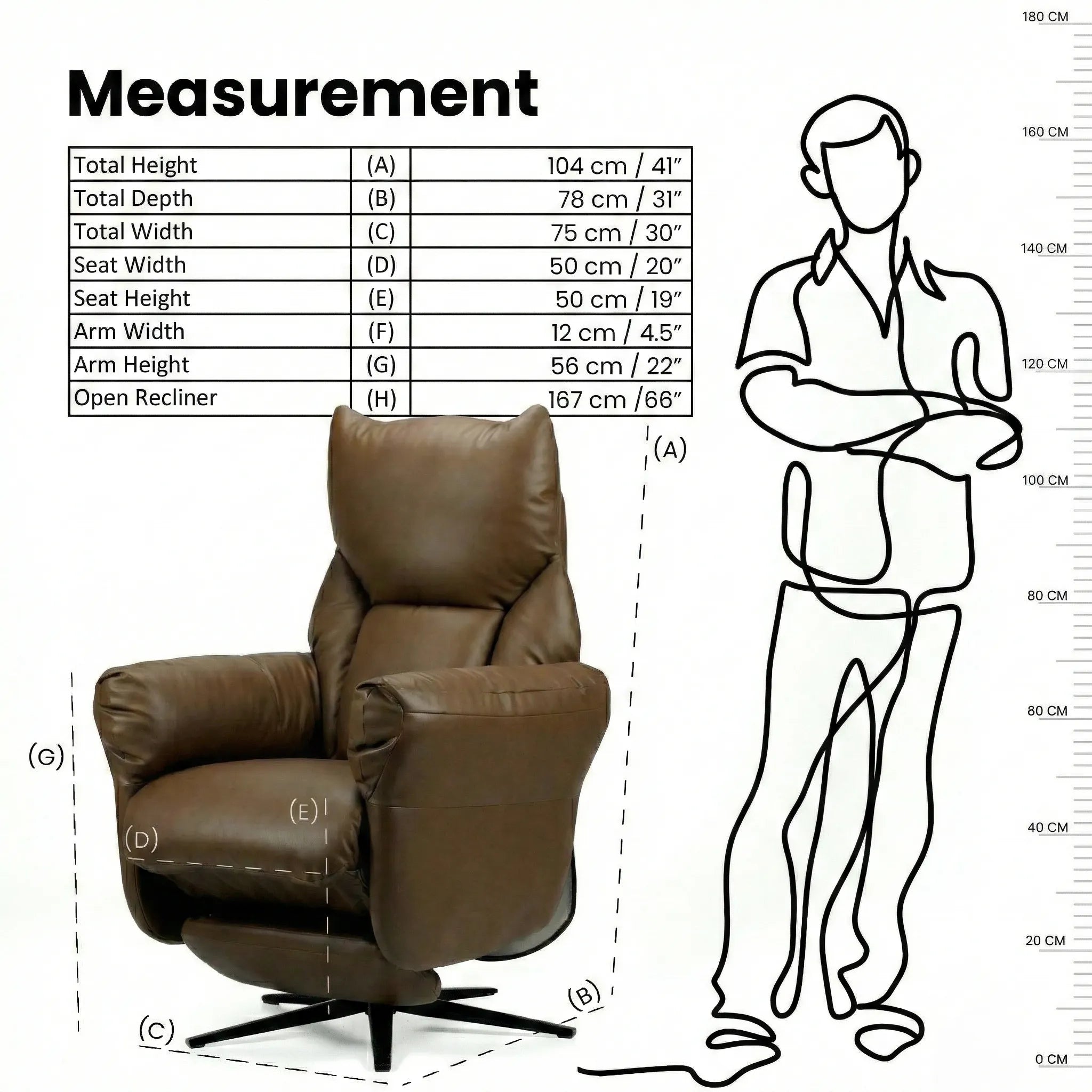 Hush Hiven Shadow motorized recliner chair brown with detailed product dimensions and seating measurements infographic