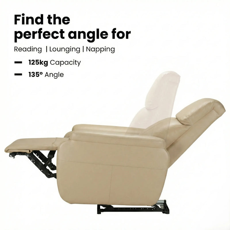 Hush Hiven Zeus beige motorized recliner chair showing reclining position with extended footrest and 135 degree angle