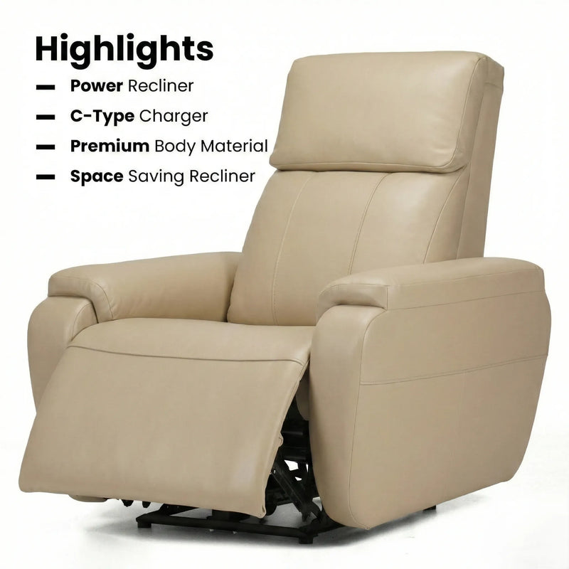 Hush Hiven Zeus beige motorized recliner highlights power recliner, C-type charging, premium material and space-saving design