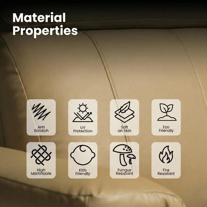 Leatherette material properties of Hush Hiven Zeus beige recliner showing anti-scratch, UV protection and eco friendly