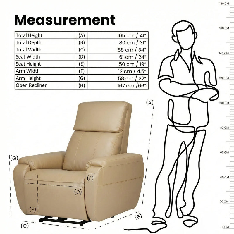 Hush Hiven Zeus motorized recliner chair beige with product dimensions and seating measurements infographic