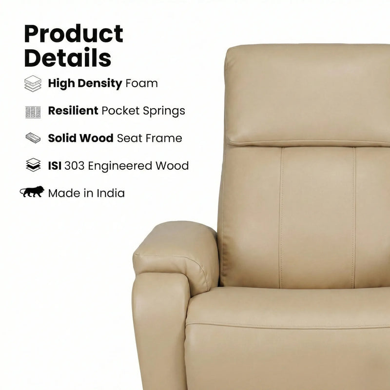 Hush Hiven Zeus beige motorized recliner construction showing high density foam, pocket springs and solid wood frame