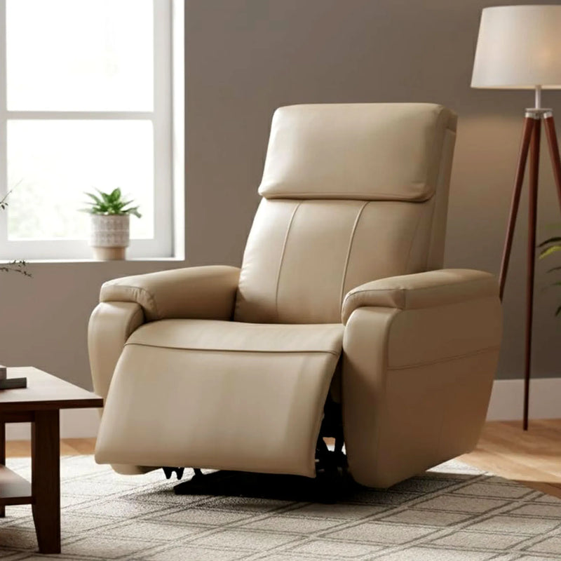 Hush Hiven Zeus Beige motorized recliner chair in modern living room with leatherette upholstery and extended footrest