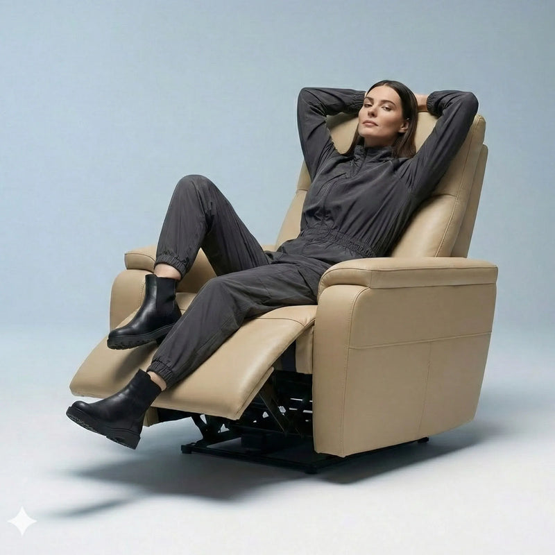 Woman relaxing on Hush Hiven Zeus beige motorized leatherette recliner chair with extended footrest in studio setup