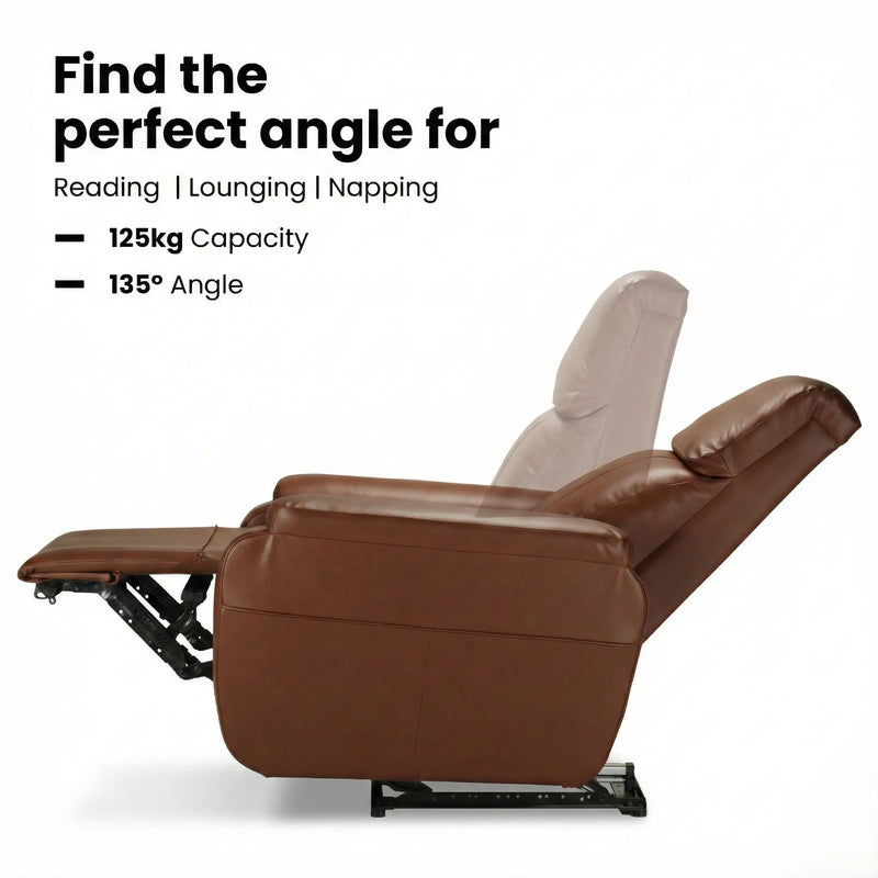 Hush Hiven Zeus brown motorized recliner chair showing reclining position with extended footrest and 135 degree angle