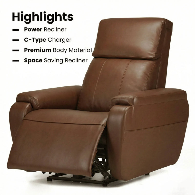 Hush Hiven Zeus brown motorized recliner highlights power recliner, C-type charging, premium material and space-saving design