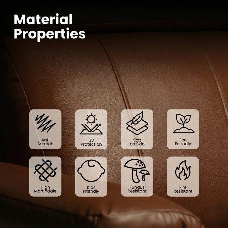 Leatherette material properties of Hush Hiven Zeus brown recliner showing anti-scratch, UV protection and eco friendly