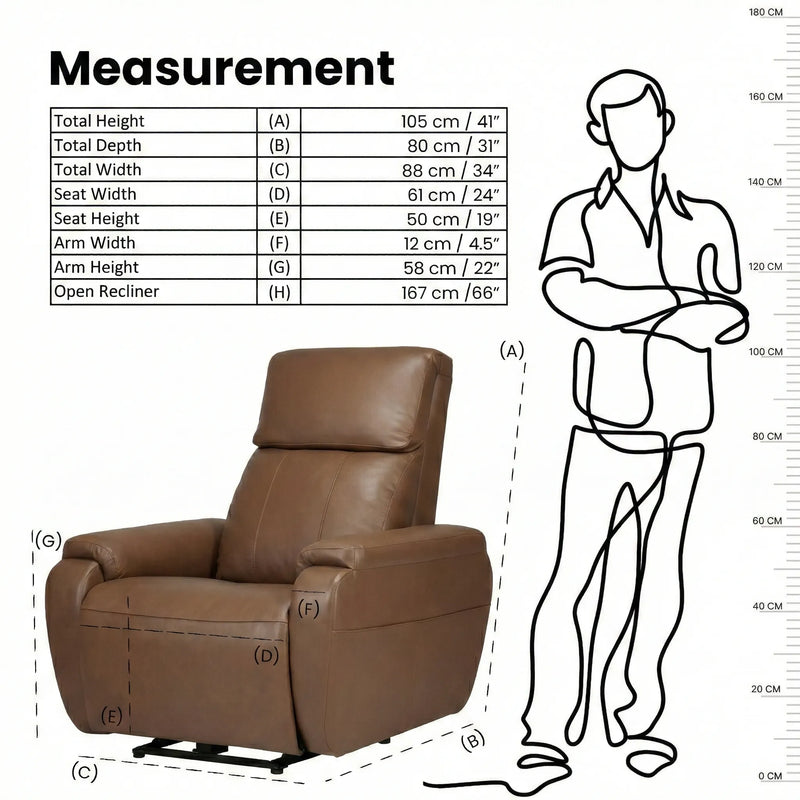 Hush Hiven Zeus motorized recliner chair brown with product dimensions and seating measurements infographic