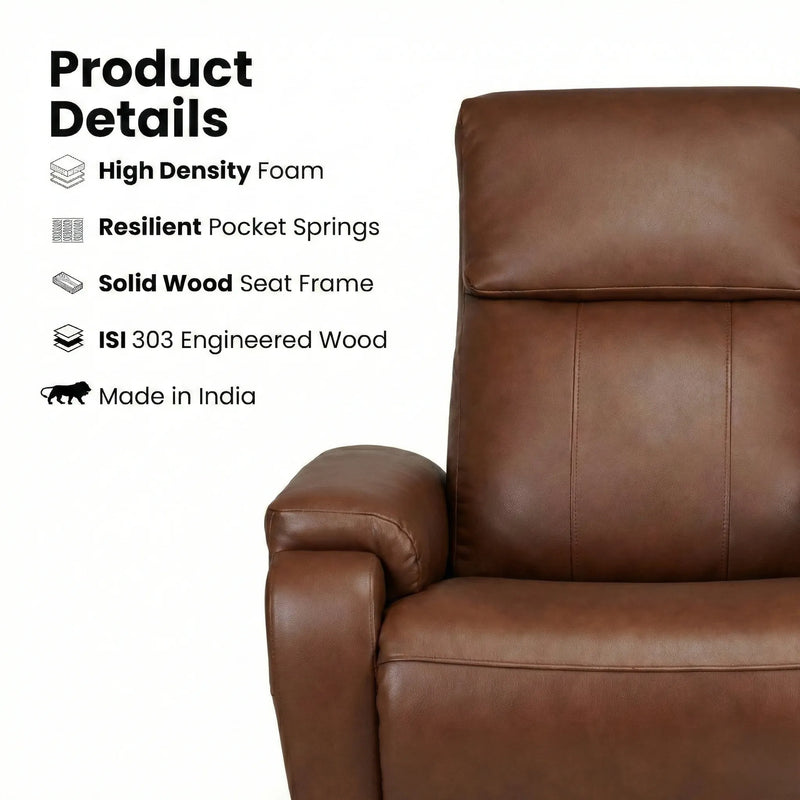 Hush Hiven Zeus brown motorized recliner construction showing high-density foam, pocket springs and solid wood frame