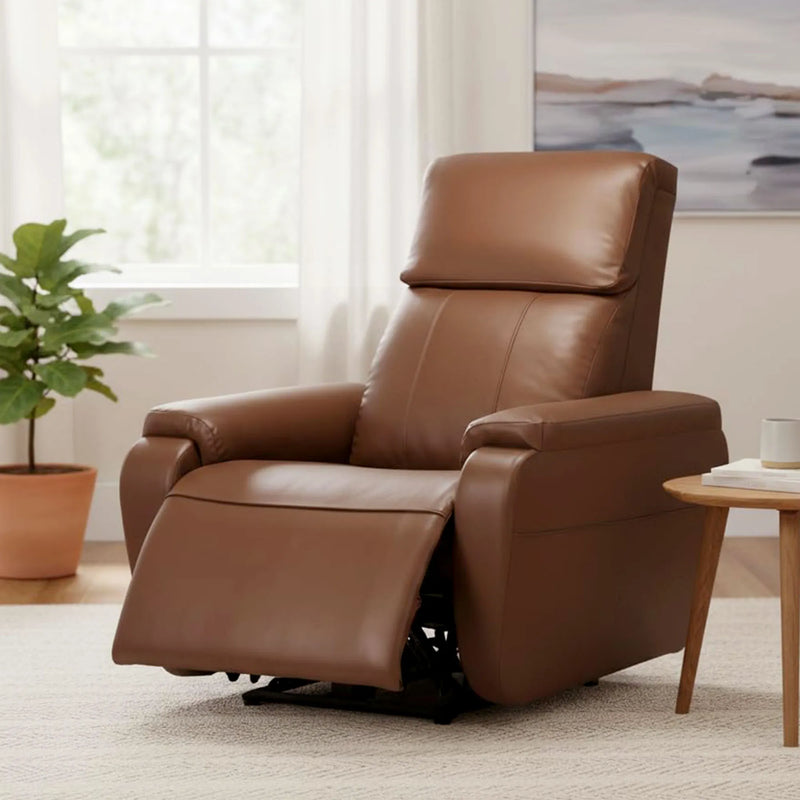 Hush Hiven Zeus brown motorized recliner chair in modern living room with leatherette upholstery and extended footrest