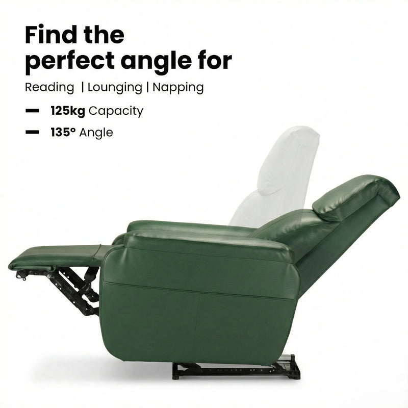 Hush Hiven Zeus green motorized recliner chair showing reclining position with extended footrest and 135 degree angle