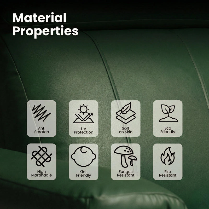 Leatherette material properties of Hush Hiven Zeus green recliner showing anti-scratch, UV protection and eco friendly