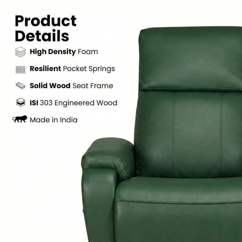 Hush Hiven Zeus green motorized recliner construction showing high density foam, pocket springs and solid wood frame