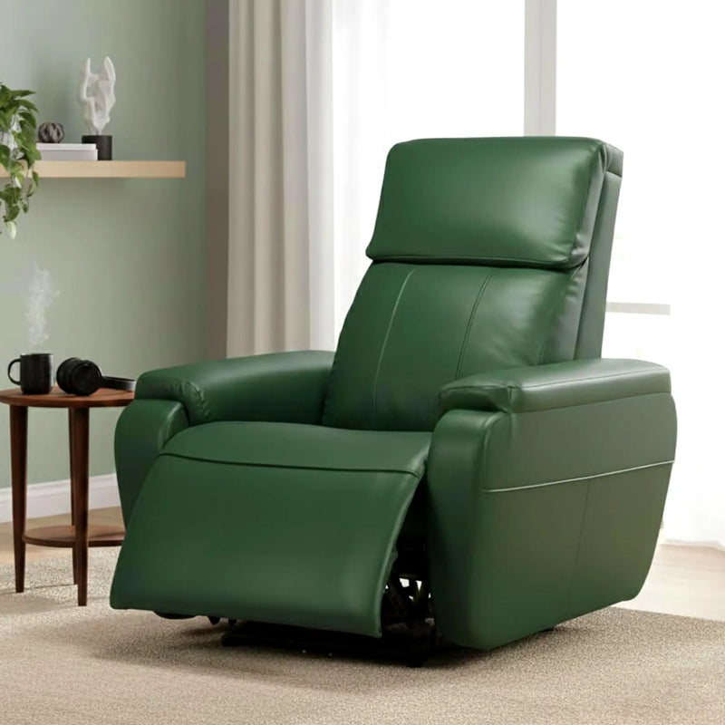 Hush Hiven Zeus green motorized recliner chair in modern living room with leatherette upholstery and extended footrest
