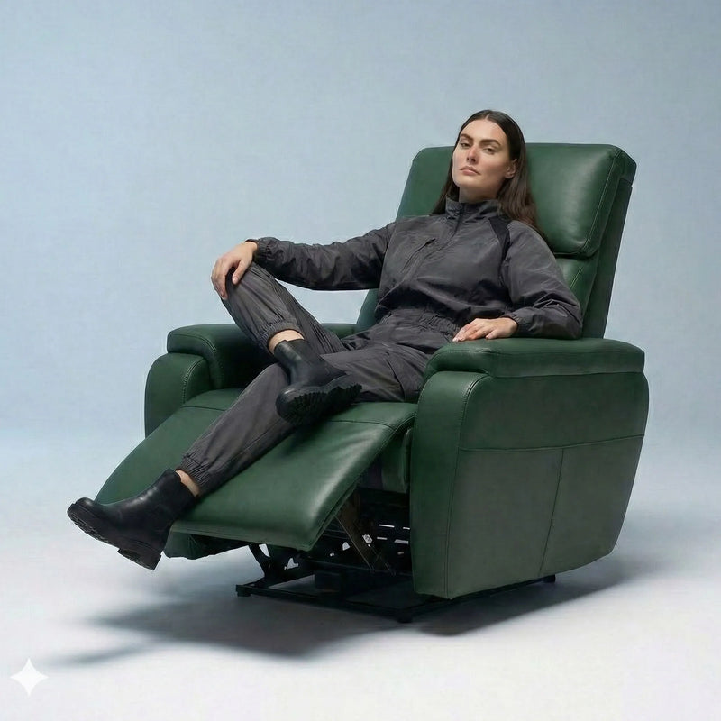 Woman relaxing on Hush Hiven Zeus green motorized leatherette recliner chair with extended footrest in studio setup