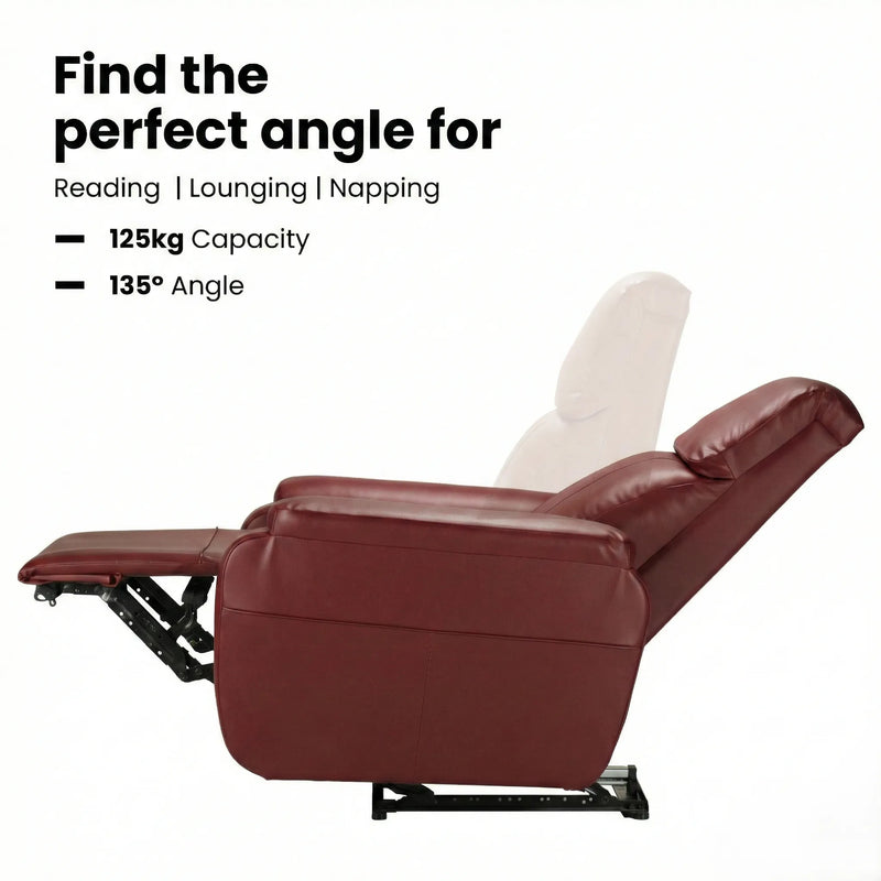 Hush Hiven Zeus maroon motorized recliner chair showing reclining position with extended footrest and 135 degree angle