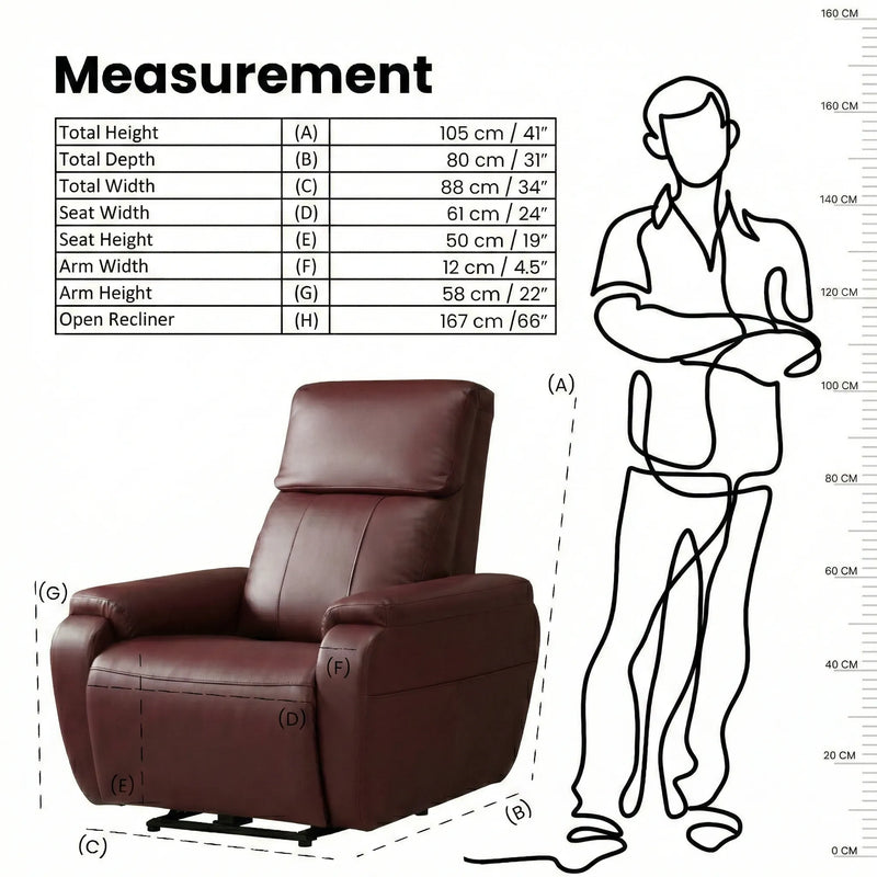 Hush Hiven Zeus motorized recliner chair brown with product dimensions and seating measurements infographic