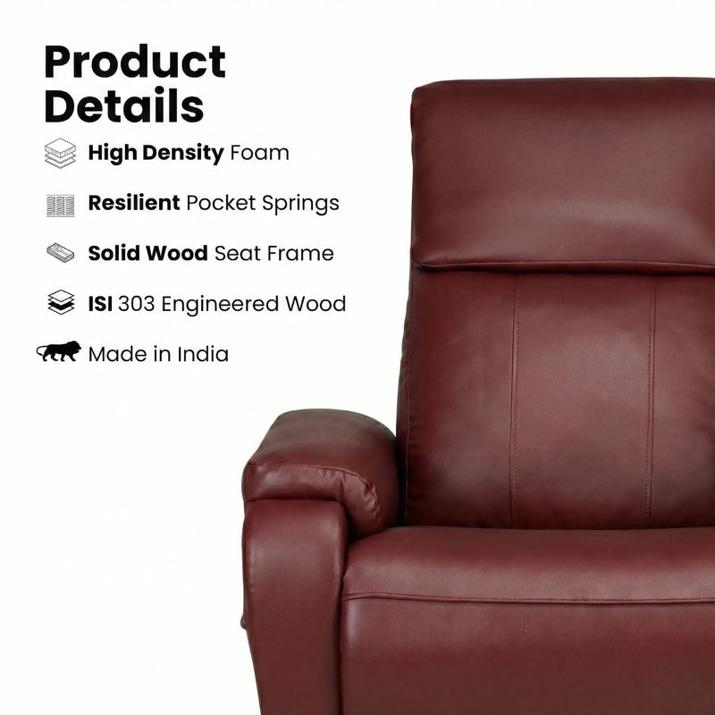 Hush Hiven Zeus maroon motorized recliner construction showing high density foam, pocket springs and solid wood frame