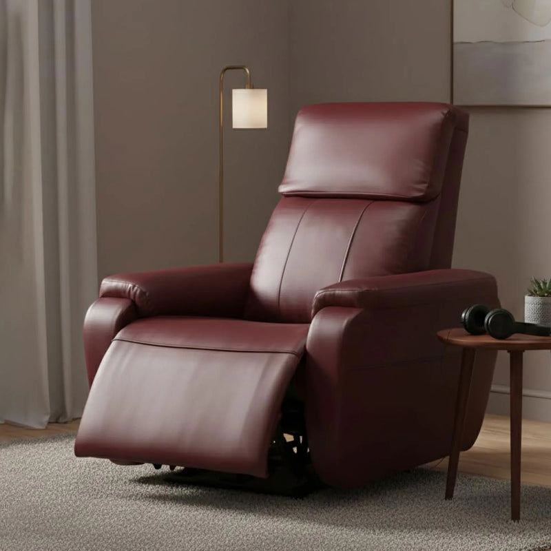 Hush Hiven Zeus maroon motorized recliner chair in modern living room with leatherette upholstery and extended footrest