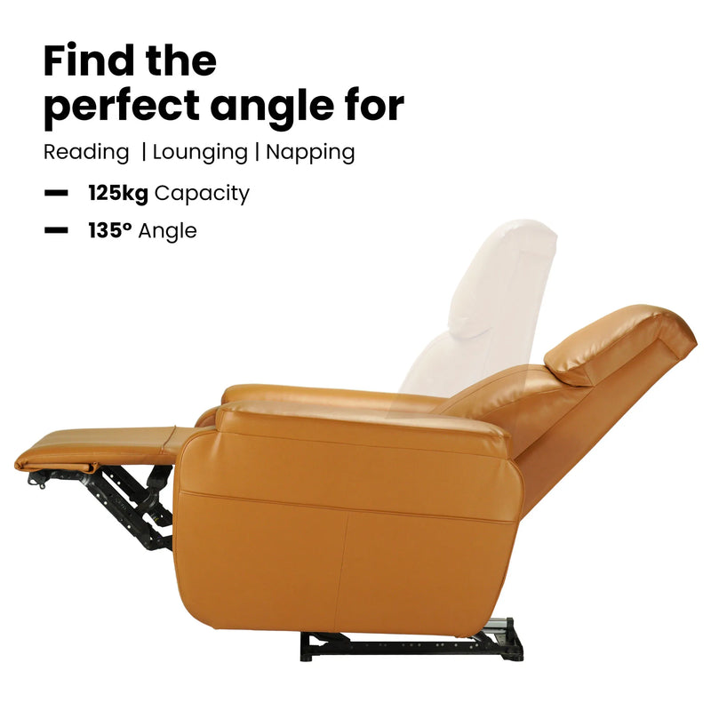 Hush Hiven Zeus tan motorized recliner chair showing reclining position with extended footrest and 135 degree angle