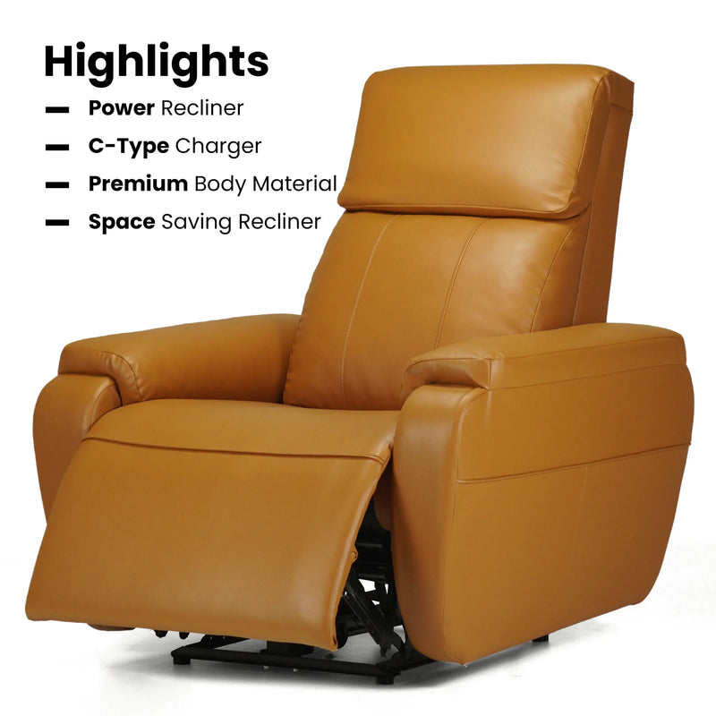 Hush Hiven Zeus tan motorized recliner highlights power recliner, C-type charging, premium material and space-saving design